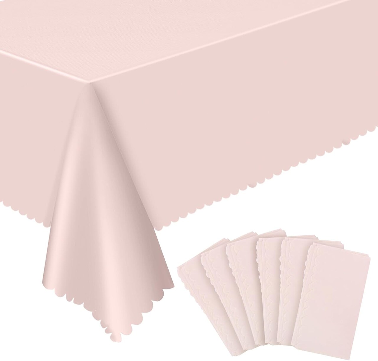 6-Pack Light Pink Plastic Tablecloths – 54 x 108 Inch Disposable Scalloped Edge Spring Table Covers, Waterproof PEVA Rectangular Table Overlay for Girls Birthday, Bridal Baby Shower, and Tea Party